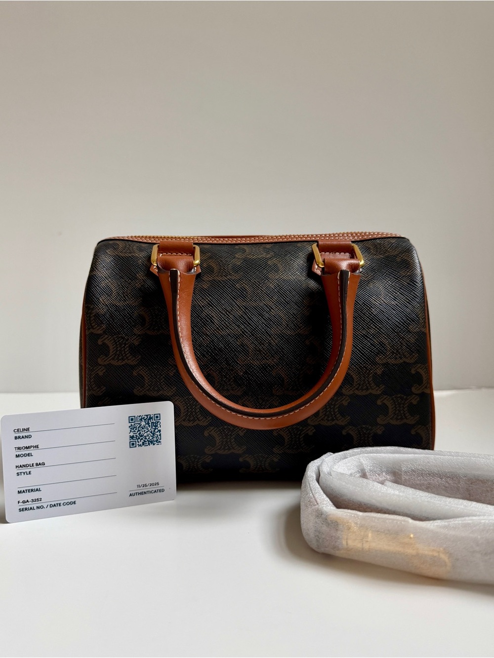 Celine Small Boston Crossbody Bag Triomphe Canvas & Tan Calfskin (Pristine)